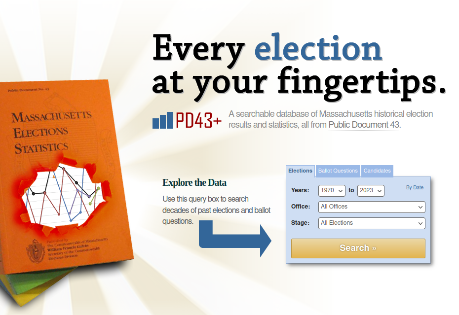 A screenshot of the homepage for Public Document 43+. On the left is an orange book titled "Massachusetts Election Statistics". At the top is the heading "Every election at your fingertips", and below it is a search box allowing the user to search for elections, ballot questions, or candidates in Massachusetts elections, and limit their search to particular years, offices, or election stages.